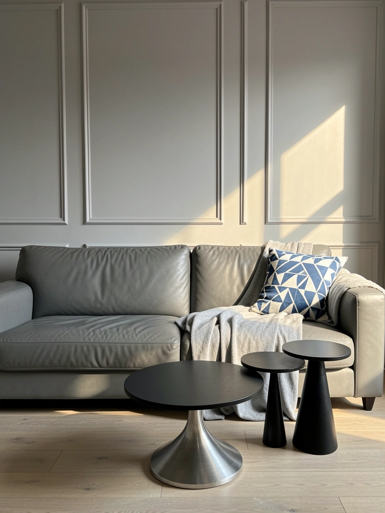Luz natural incide sobre sofá cinza com almofada geométrica azul e branca, mesa preta redonda com base prateada e mesa lateral cônica preta, piso claro.