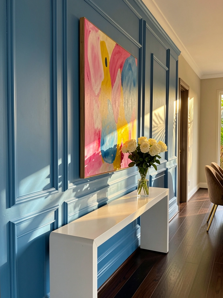 Parede azul com painéis, quadro abstrato vibrante em rosa, amarelo e azul, vaso de vidro com rosas brancas sobre console branco, luz quente indireta.