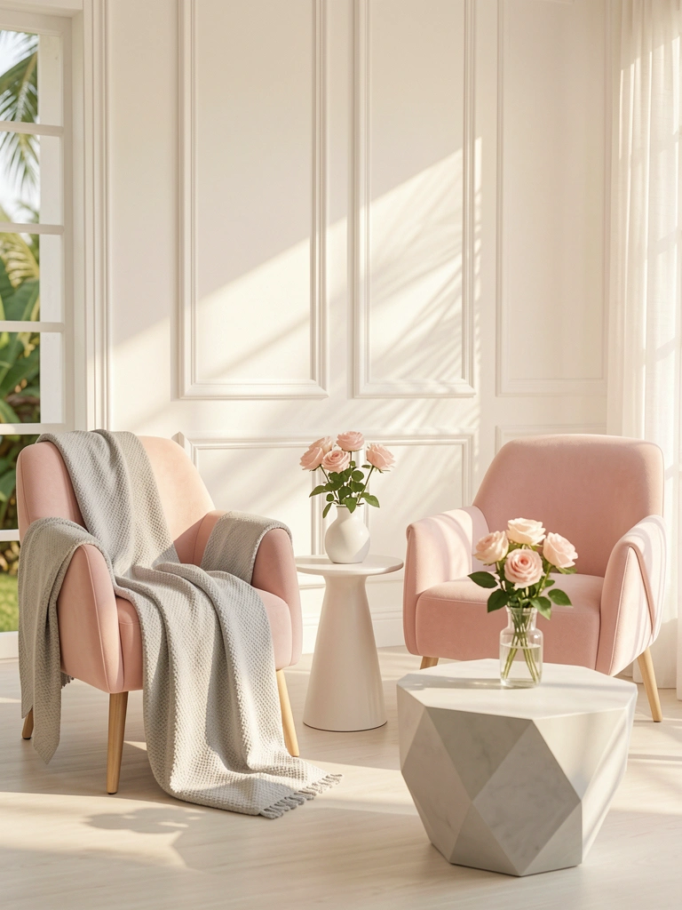 Poltronas estofadas rosa claro com manta cinza, mesa branca com rosa entre elas, luz natural filtrada por janela.