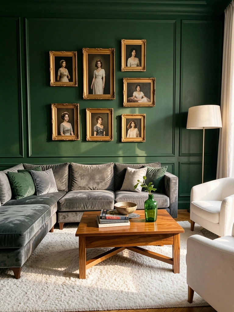 Luz natural destaca sofá cinza e parede verde escura com retratos femininos em molduras variadas, mesa de centro com livros e vaso verde.