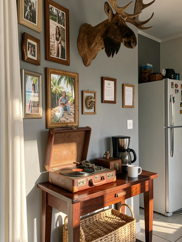 Parede cinza com quadros e cabeça de alce decorativa sobre mesa de madeira escura com toca-discos vintage e cafeteira, luz natural.