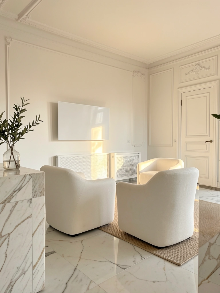 Piso de mármore reflete a luz natural, poltronas brancas almofadadas de frente para TV moderna, vaso com planta sobre consola de mármore.