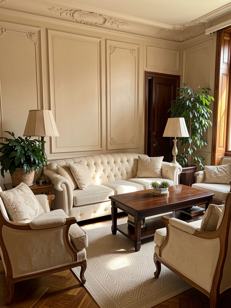 Luxuosa sala de estar com lambris ornamentados, sofá creme com capitonê e duas poltronas combinando, mesa de centro de madeira escura, vaso de planta grande à esquerda e luz natural entrando pela janela.