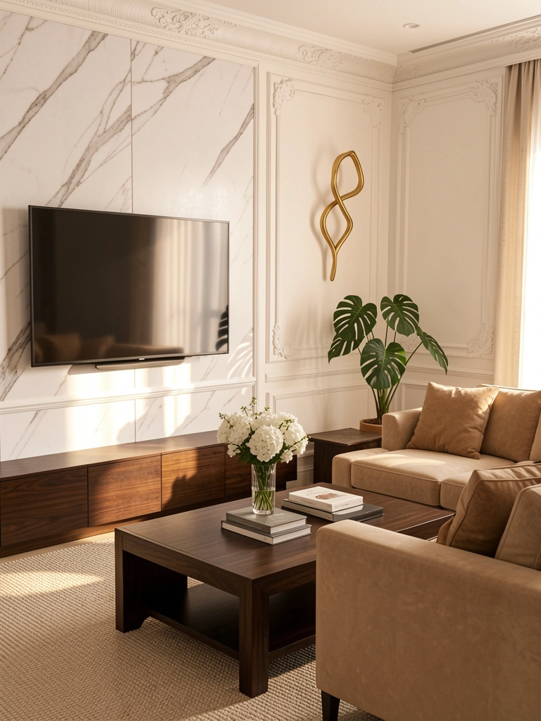 Sofá bege com almofadas marrons, parede de mármore texturizado, TV moderna montada e escultura dourada abstrata acima do sofá.