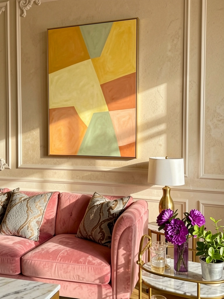 Abstrato em amarelo, laranja e verde sobre parede bege texturizada, sofá rosa veludo com almofadas, carrinho dourado com vaso roxo e flor vibrante.