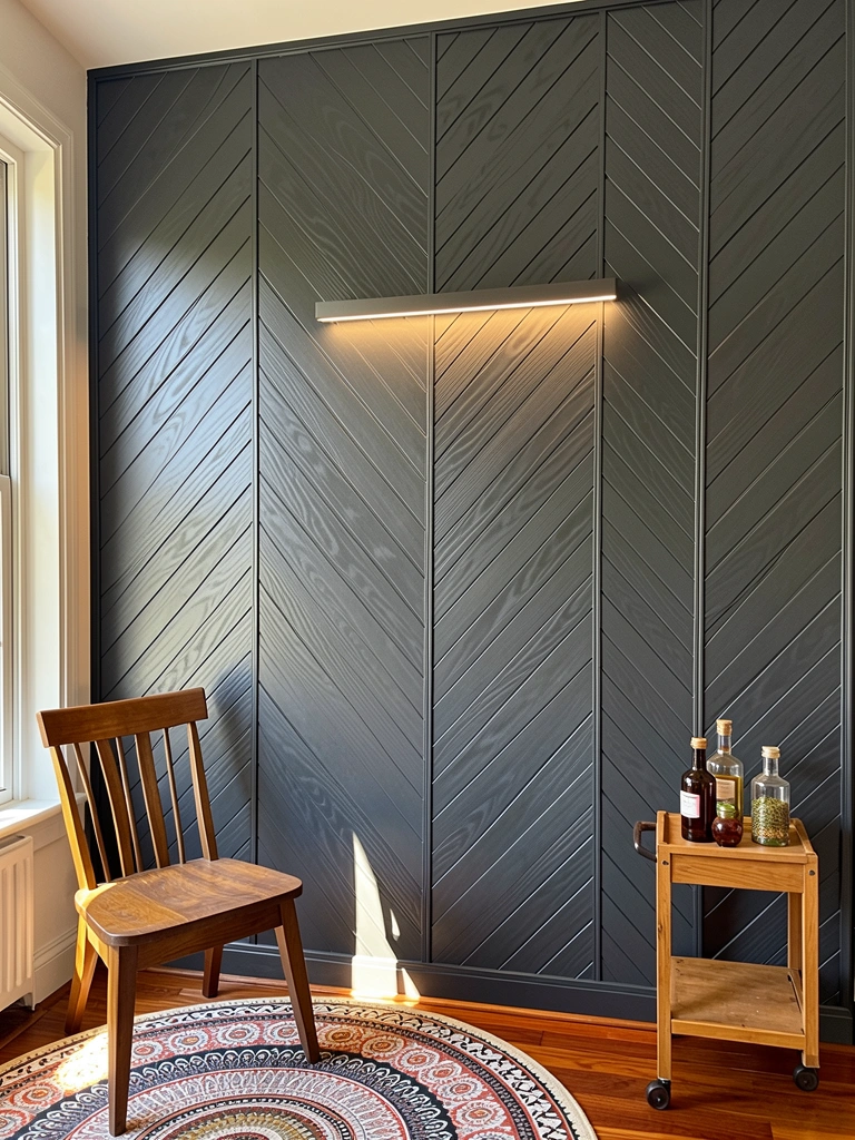 Parede de boiserie cinza escuro com padrão chevron tridimensional, faixa de LED horizontal, cadeira de madeira com tapete mandala e carrinho com garrafas decorativas.
