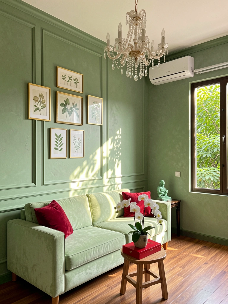 Moldura dourada com gravura botânica sobre parede verde sálvia texturizada, lustre de cristal e sofá verde claro com almofada vermelha.