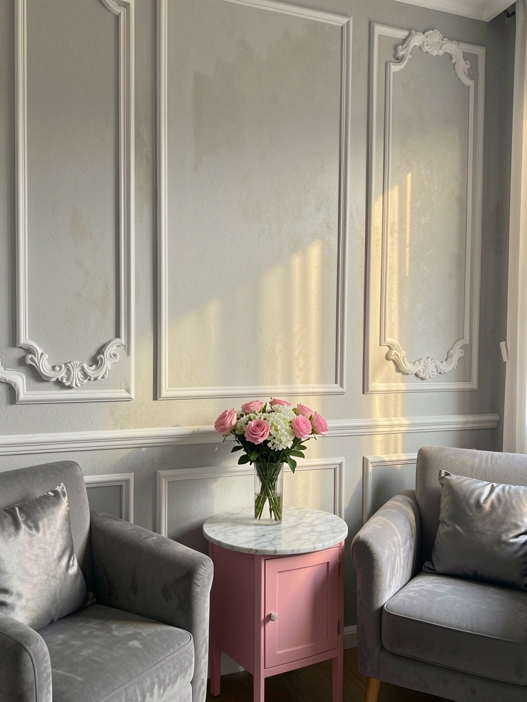 Parede texturizada cinza-claro com painéis retangulares e moldura branca, mesa redonda de mármore com armário rosa, vaso de rosas e duas poltronas cinzas com almofadas de seda.