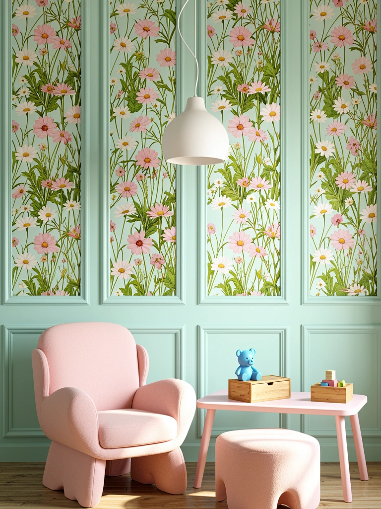 Papel de parede com flores silvestres rosas e brancas em painéis turquesa claro, pendente branco, poltrona infantil rosa e baú de brinquedos de madeira.
