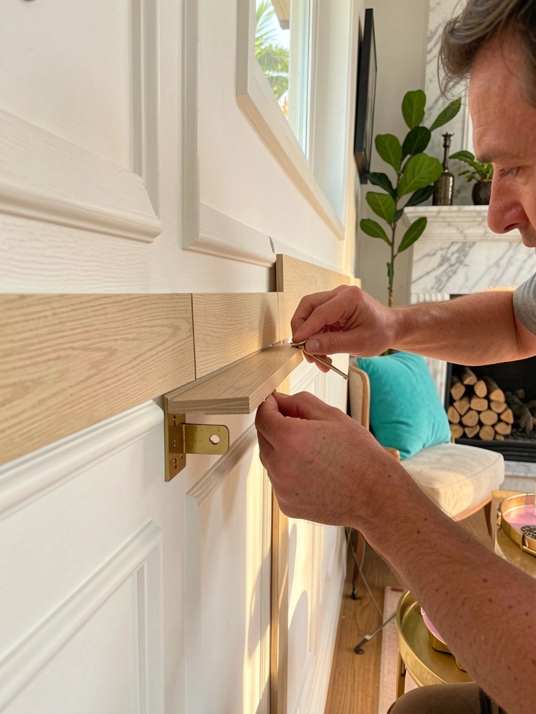 Mãos instalando réguas de madeira clara em painel branco, suporte dourado visível, lareira de mármore com lenha ao fundo.