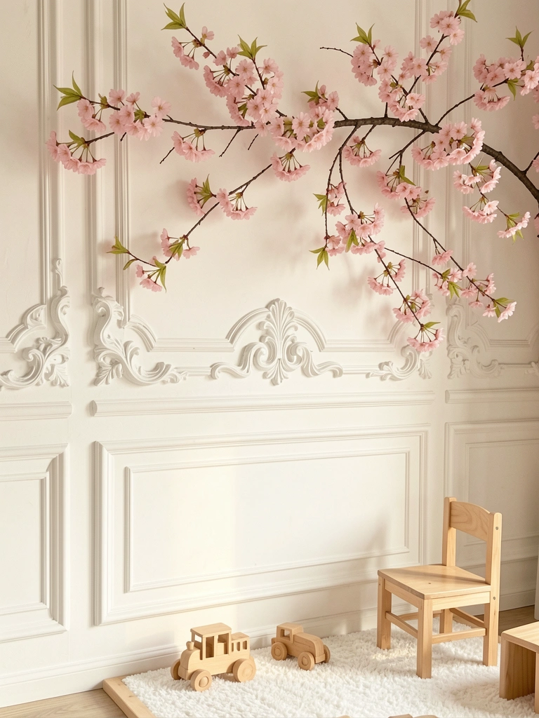 Boiserie branca com entalhes ornamentados, ramo de cerejeira rosa apoiado no topo, brinquedos de madeira sobre tapete claro em sala iluminada por luz natural difusa.