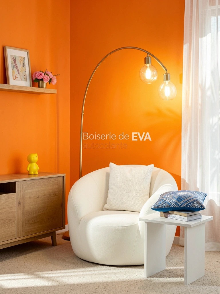 Parede laranja vibrante com luminária arqueada moderna de duas cabeças, poltrona redonda branca e mesa lateral com livros e almofada decorativa.