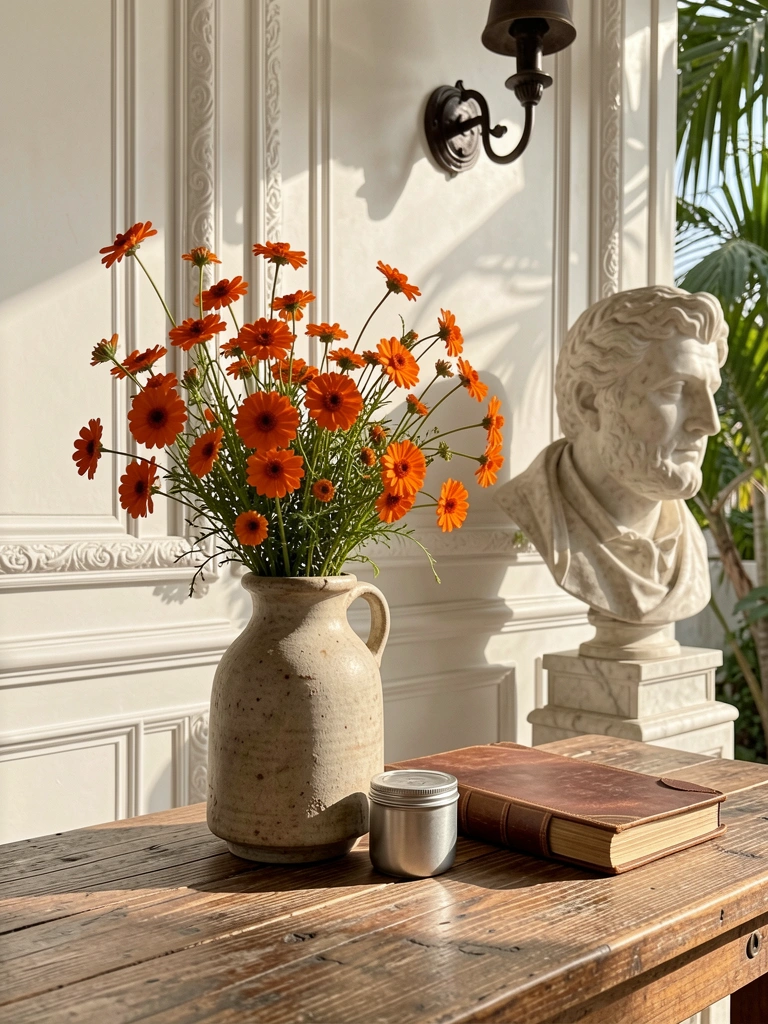 Mesa rústica de madeira com vaso de flores silvestres laranjas, garrafa cerâmica, jarro prateado e livro, parede branca com moldura e busto de mármore.