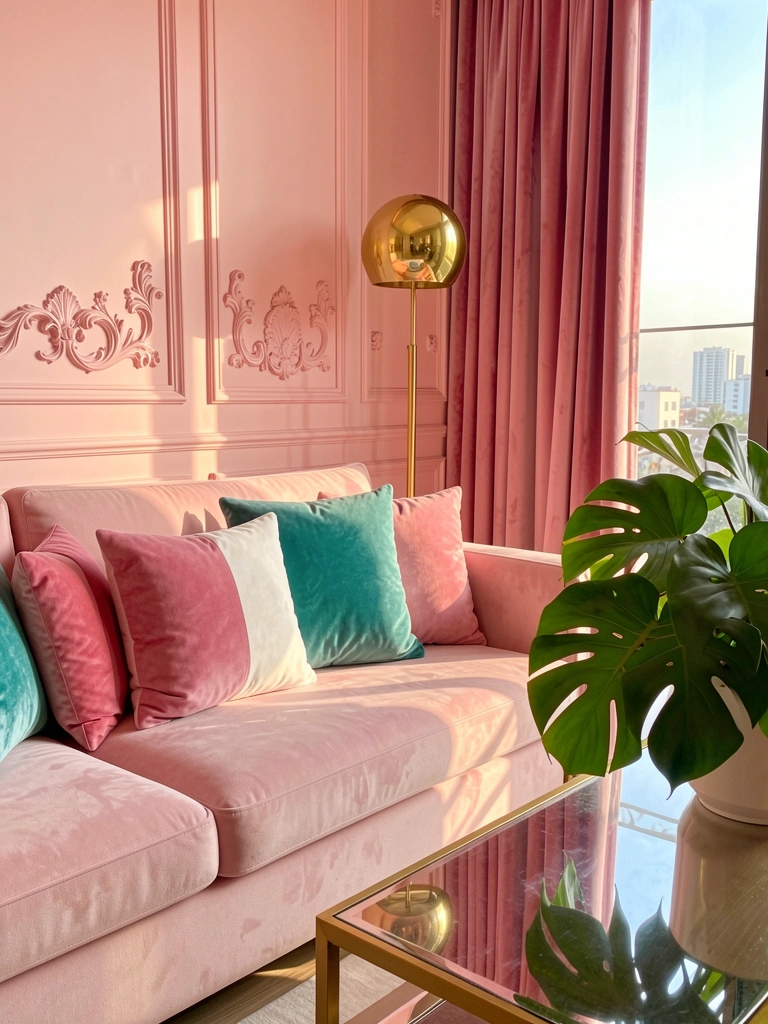 Sofá rosa claro com almofadas coloridas, painéis de boiserie rosa claro na parede, mesa de centro dourada com planta monstera, luminária de chão dourada, cortina de veludo rosa e janela com vista urbana.