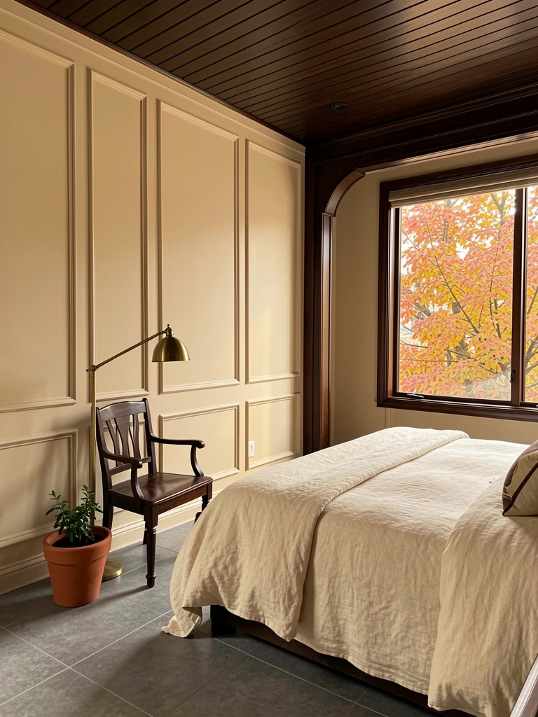 Cama grande com edredom de linho creme, cadeira de madeira escura e luminária de latão ao lado, janela com folhagem de outono ao fundo.