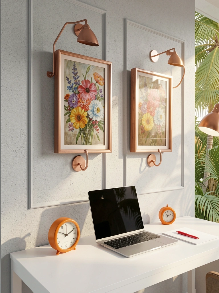 Arandelas de cobre em parede cinza clara com painéis, quadros com pintura floral, mesa branca com laptop e relógio laranja.