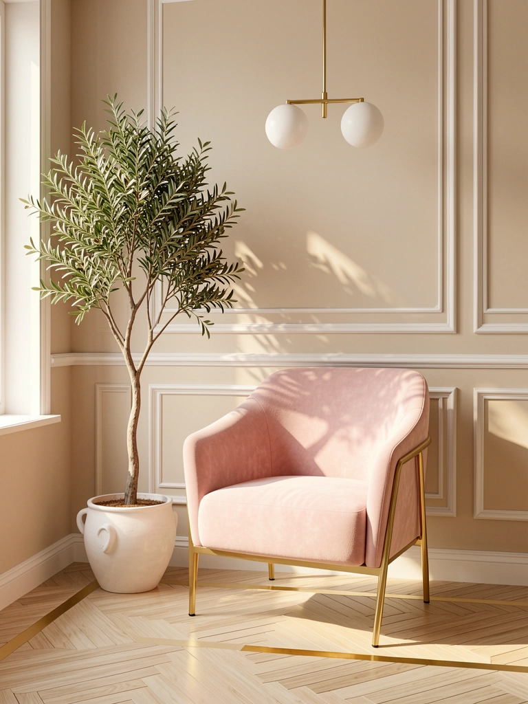 Poltrona estofada rosa claro com estrutura dourada, vaso de oliveira ao lado, luz natural entrando pela janela.