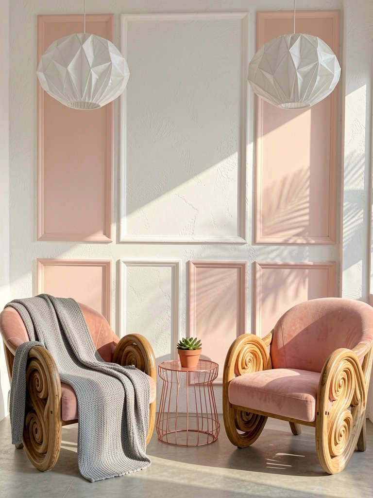 Poltronas blush com estrutura de madeira ondulada e manta cinza, mesa redonda rosa-dourada com suculenta, luminárias de papel geométricas.
