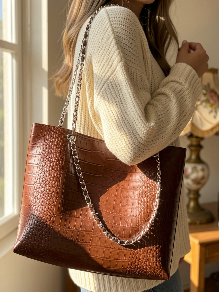 Mulher com suéter creme e bolsa de couro marrom com textura crocodilo e corrente prateada, luz natural suave e fundo levemente desfocado com abajur.