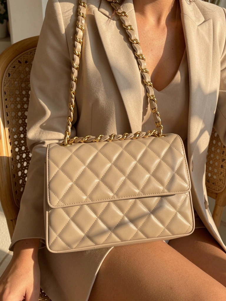 Bolsa bege acolchoada com corrente dourada sobre blazer claro, luz natural e cadeira de vime ao fundo.