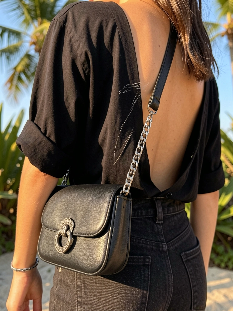 Arranhões finos na camisa preta de costas abertas causados pela corrente de prata de uma bolsa de couro preta, luz natural do dia.