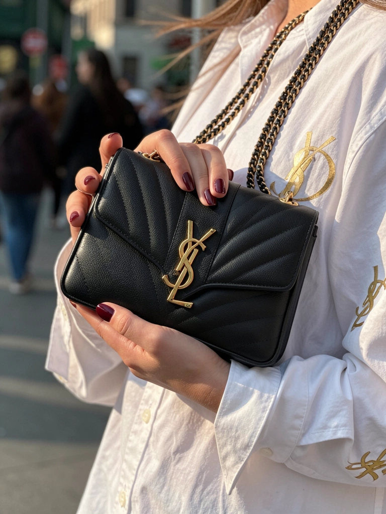 Mãos femininas com unhas vermelho-escuras seguram bolsa YSL preta com fecho dourado, camisa branca com logo YSL na manga, fundo urbano desfocado sob luz natural.