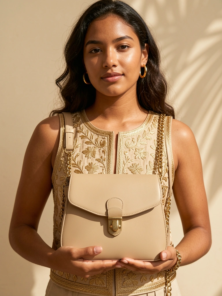 Jovem com top dourado sem mangas segurando bolsa de couro bege com corrente, fundo neutro e luz tropical suave, brincos argola dourados.