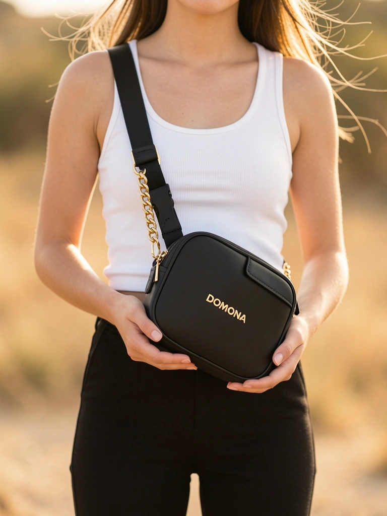 Bolsa Domona preta com corrente dourada segurada por mãos de mulher de top branco, fundo desfocado e luz natural suave.