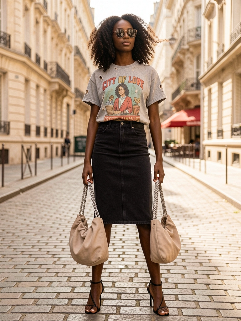 Jovem negra com cabelo cacheado volumoso, camiseta branca desgastada e saia jeans preta, segurando bolsa bege com corrente prateada em rua parisiense com luz natural.