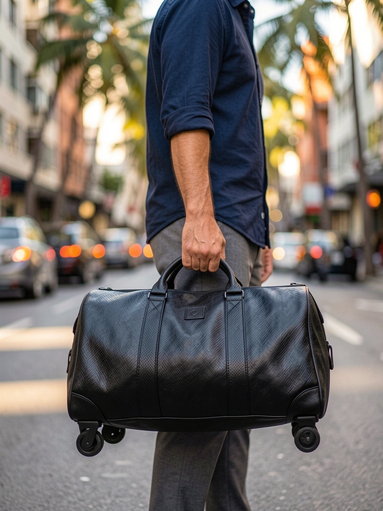 Homem segurando bolsa de couro preta texturizada, camisa azul escura e calça cinza, rua urbana com luz do dia filtrada e desfoque de fundo.