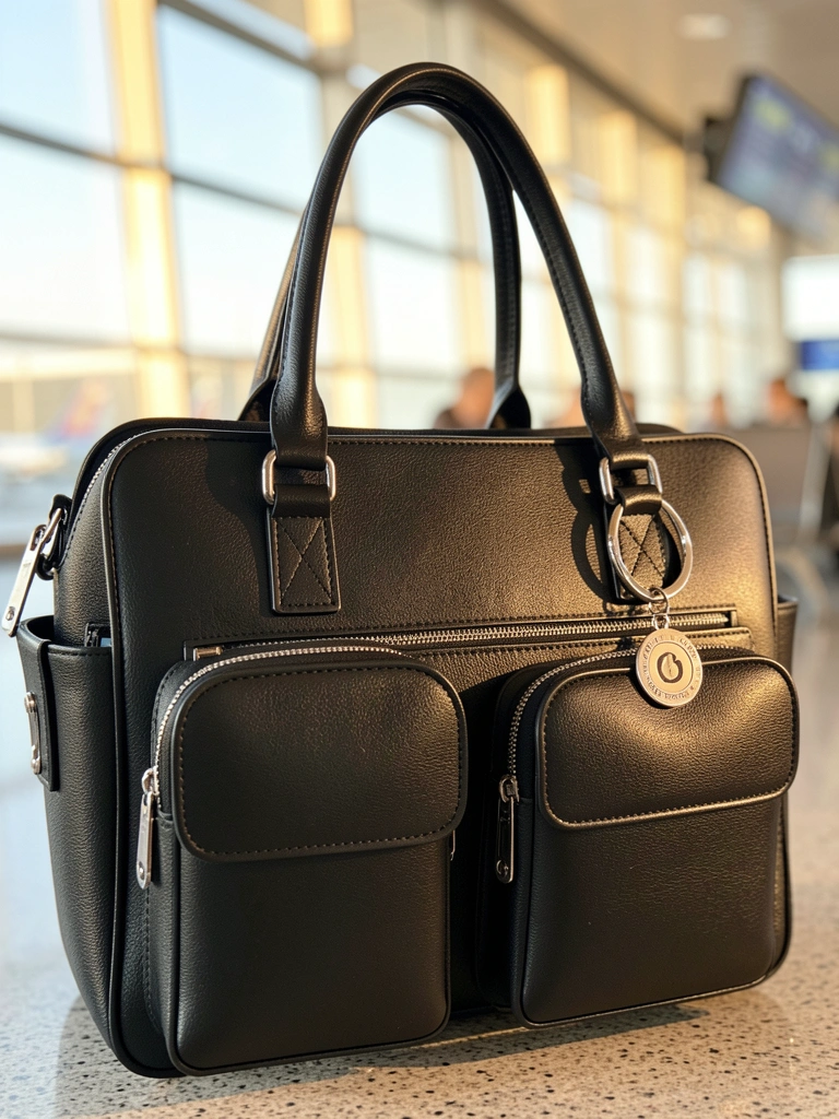 Bolsa tote de couro preto com ferragens prateadas, chaveiro circular e alças grossas, luz natural em terminal de aeroporto com fundo desfocado.