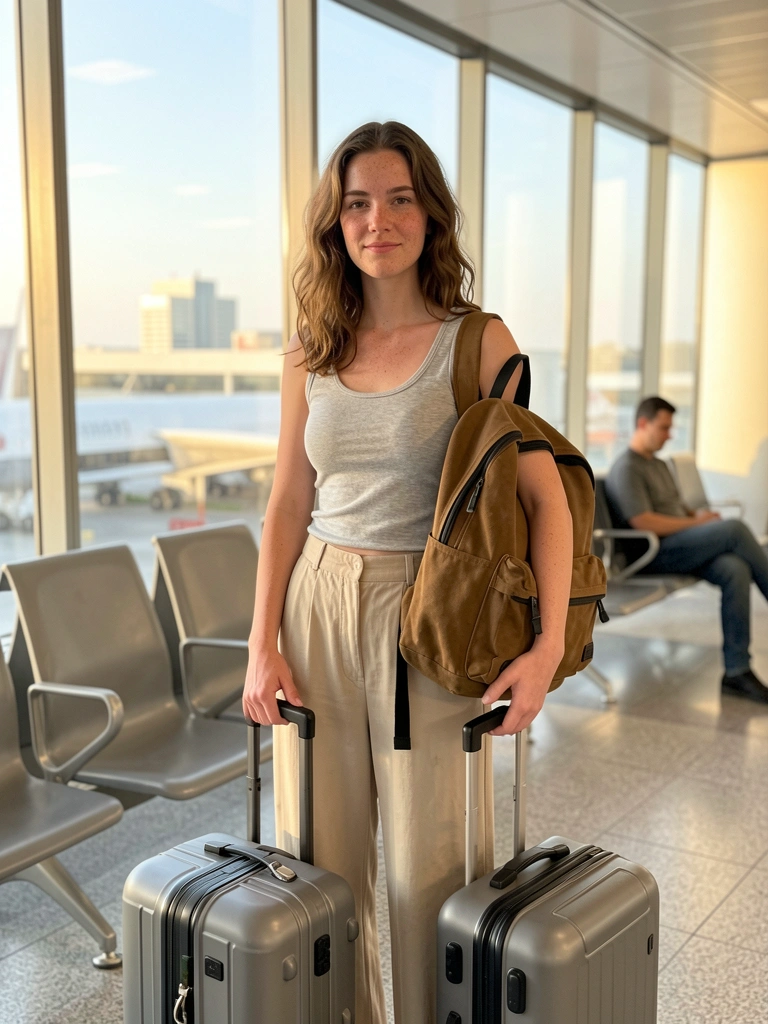 Mulher jovem com mochila de lona marrom e mala cinza em terminal de aeroporto com grandes janelas e luz natural.