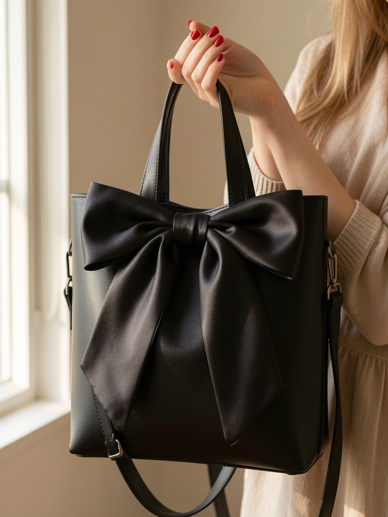Bolsa tote de couro preto com laço de cetim grande, segurada por mão feminina com esmalte vermelho, luz suave de janela ao fundo.