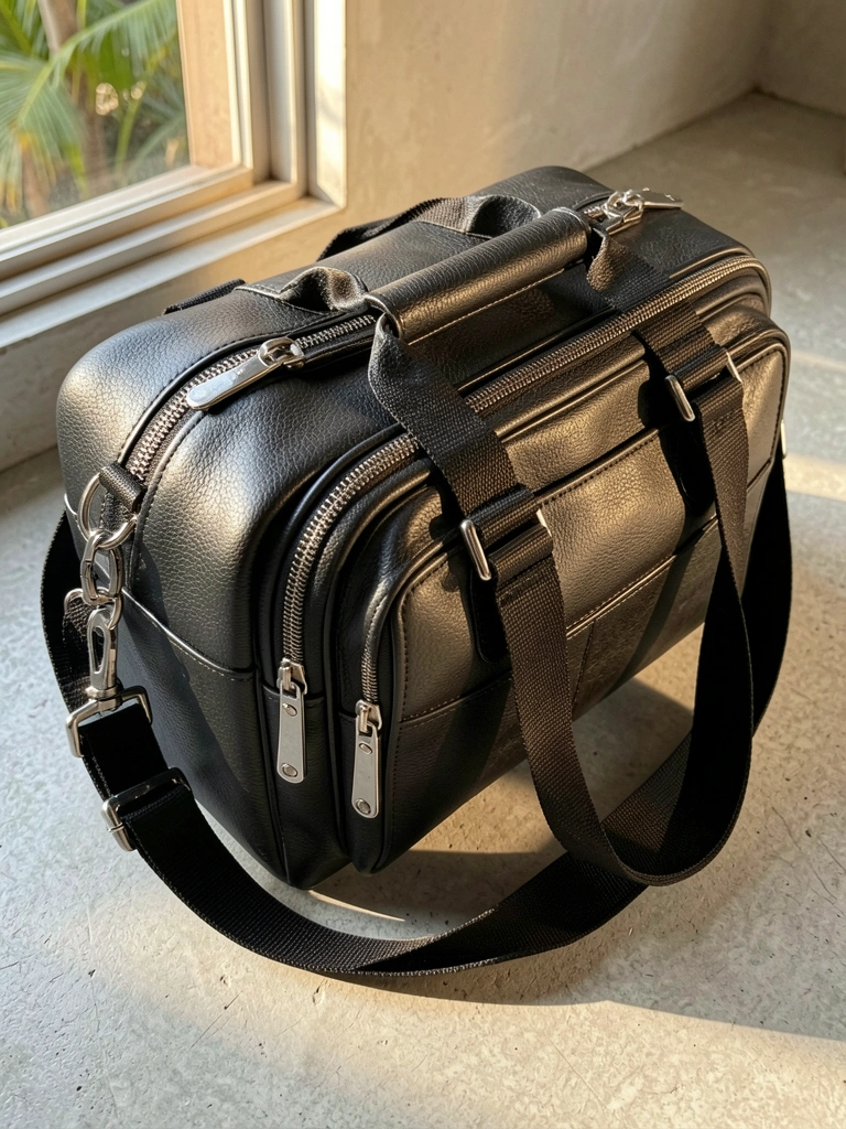 Bolsa de couro preta com ferragens prateadas sobre superfície de concreto cinza claro, luz natural destaca textura e costuras.