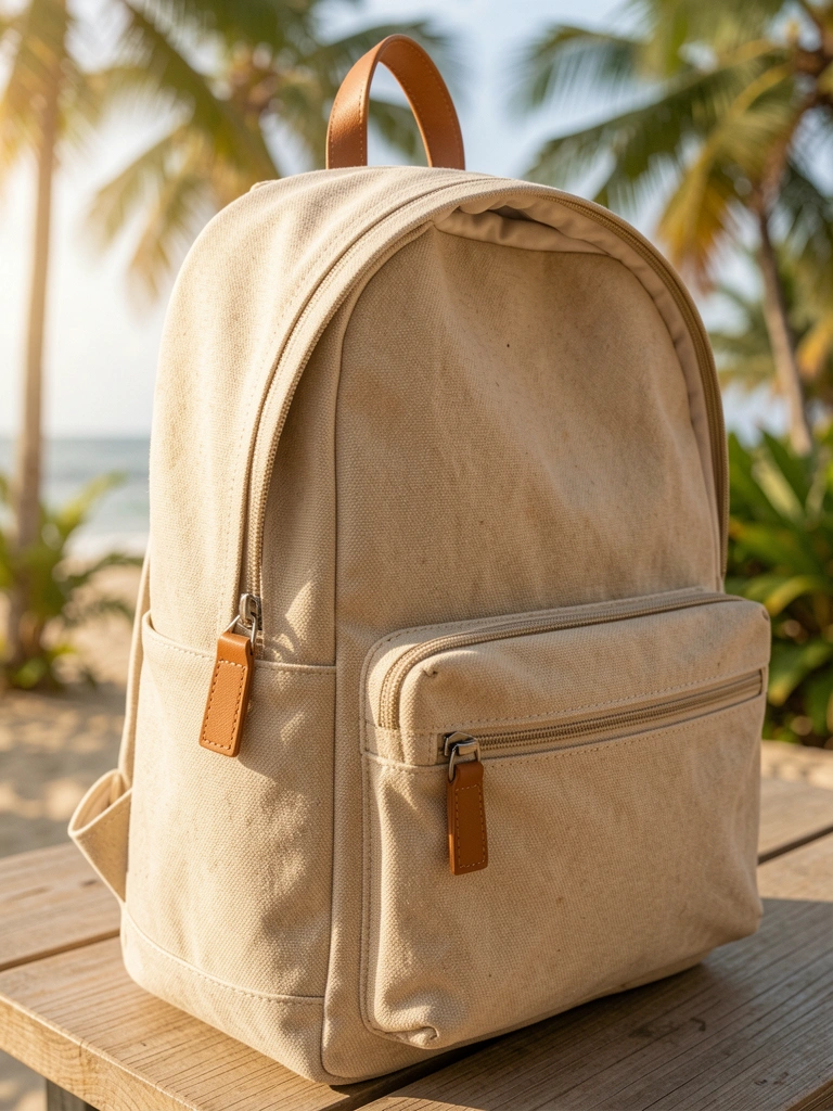 Mochila de lona bege com detalhes em couro marrom, alça de mão e etiqueta de couro, luz natural quente e fundo desfocado com folhagens.