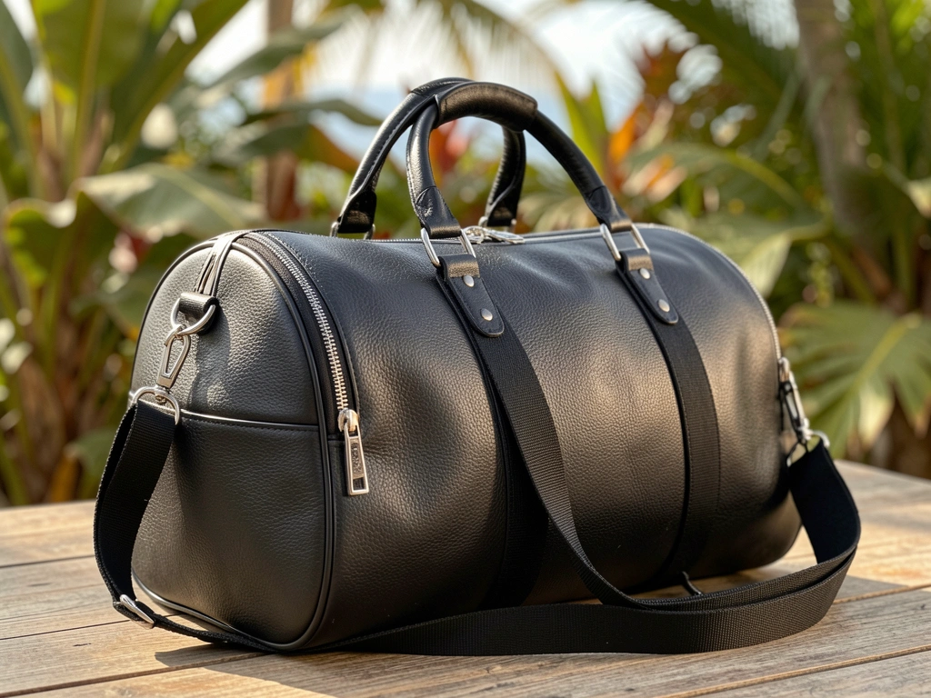 Bolsa de couro preta com ferragens prateadas, alça de ombro destacável e zíperes, luz natural quente e fundo desfocado com folhagens tropicais.