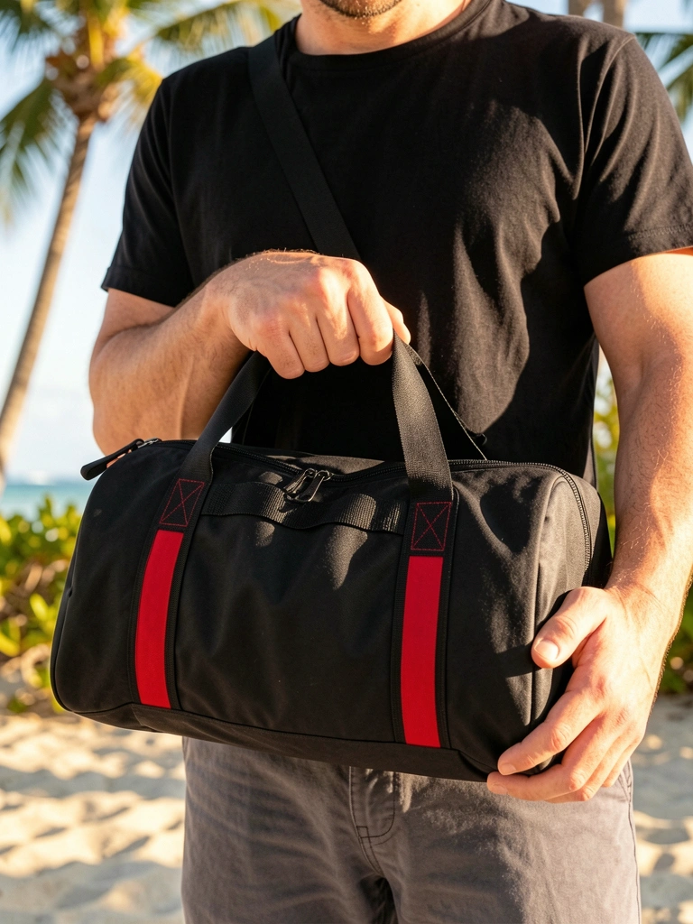 Homem segurando bolsa preta de viagem com zíper e alças reforçadas, detalhes vermelhos, luz natural, fundo desfocado, camiseta preta e calça cinza.