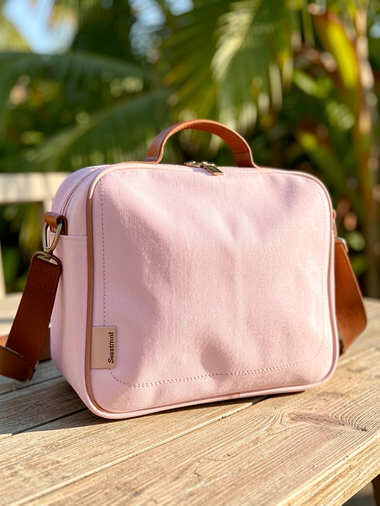 Bolsa de lona rosa claro com alça de couro marrom sobre mesa de madeira texturizada, luz natural quente e fundo desfocado com folhagens.