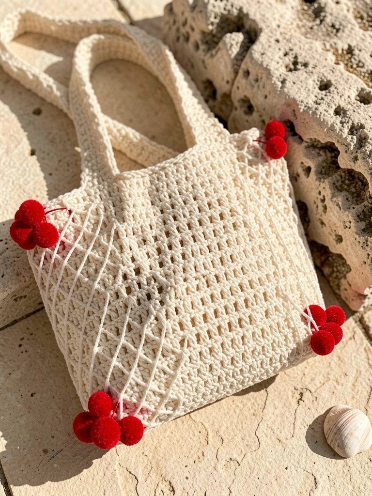 Bolsa de crochê creme com cerejas vermelhas de pompom sobre pedra calcária, concha no canto, luz natural realçando texturas.