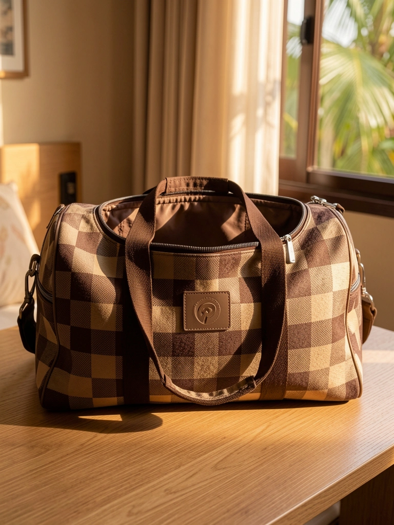 Bolsa duffel xadrez marrom e bege com zíperes prateados sobre superfície de madeira clara, luz solar filtrada criando brilho quente ao fundo.