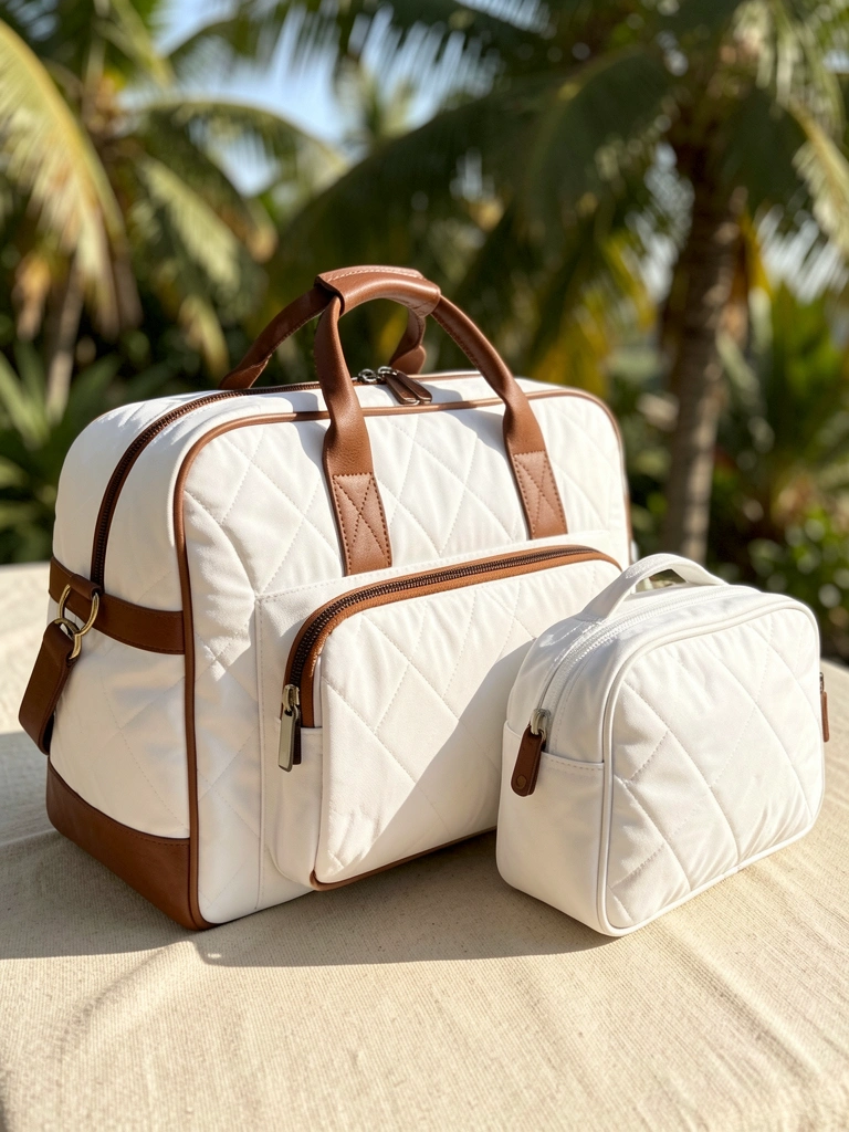 Bolsa de viagem branca de nylon com detalhes em couro marrom, superfície texturizada bege clara, luz natural e sombras suaves.