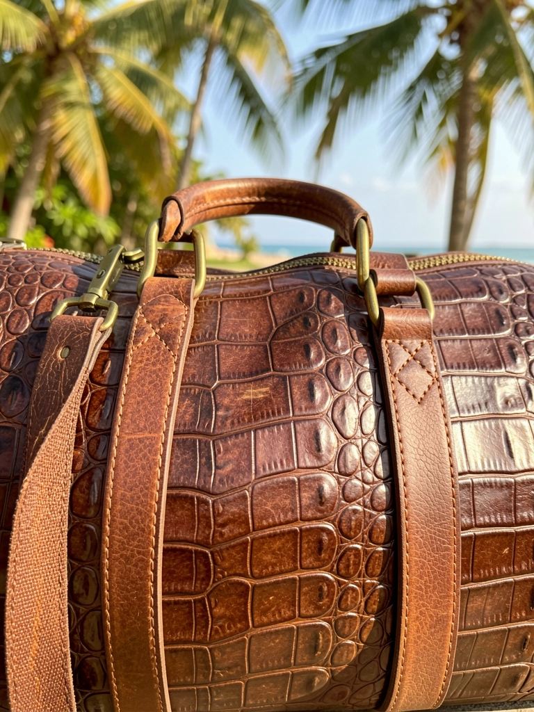 Bolsa de couro marrom com textura de crocodilo, alça de couro e detalhes em metal dourado, sob luz natural.