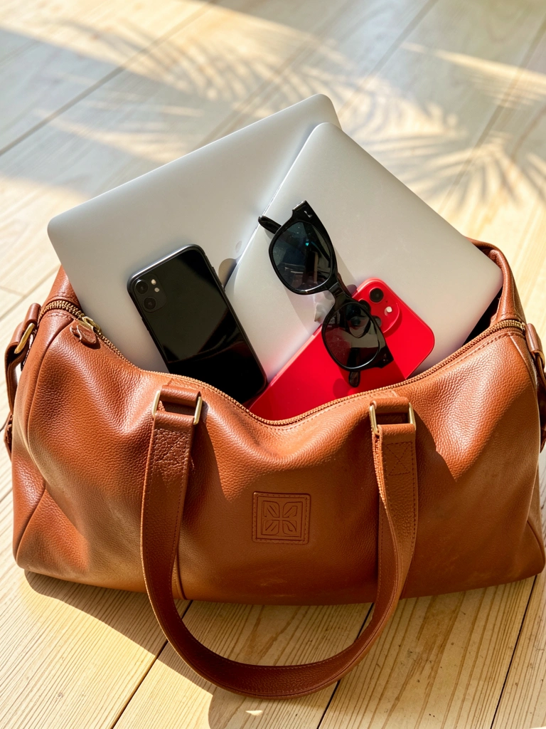 Bolsa de couro marrom com MacBook prata, iPhone vermelho e óculos escuros, luz natural sobre piso de madeira clara.