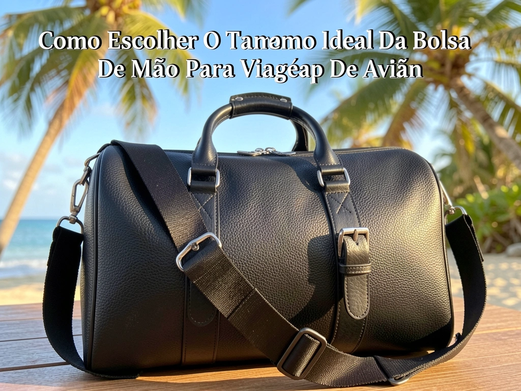 Bolsa de viagem preta de couro texturizado com alça de ombro ajustável e fivelas prateadas, sob luz natural de dia.