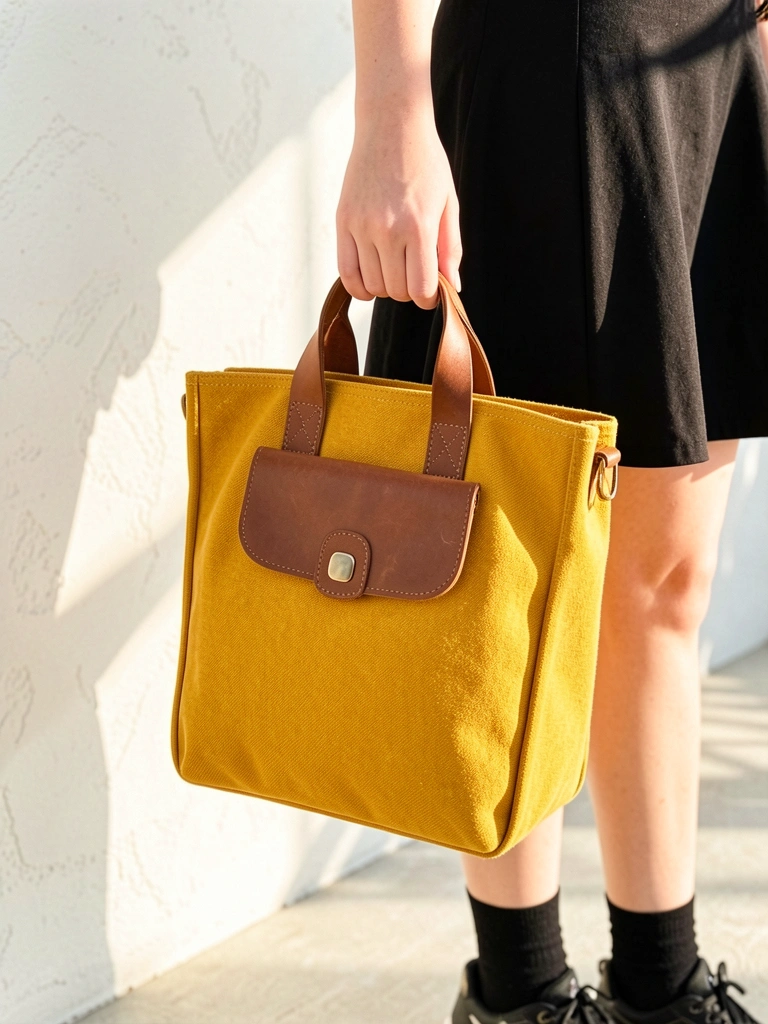 Bolsa de lona amarela mostarda com alça e fecho de couro marrom, segurada por pessoa de cabelo escuro e pele clara, luz natural do dia sobre parede branca texturizada.