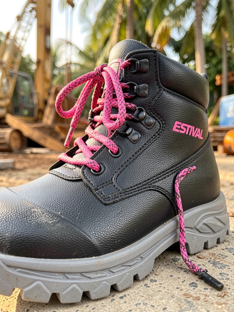 Bota preta texturizada com cadarço rosa vibrante e logo 