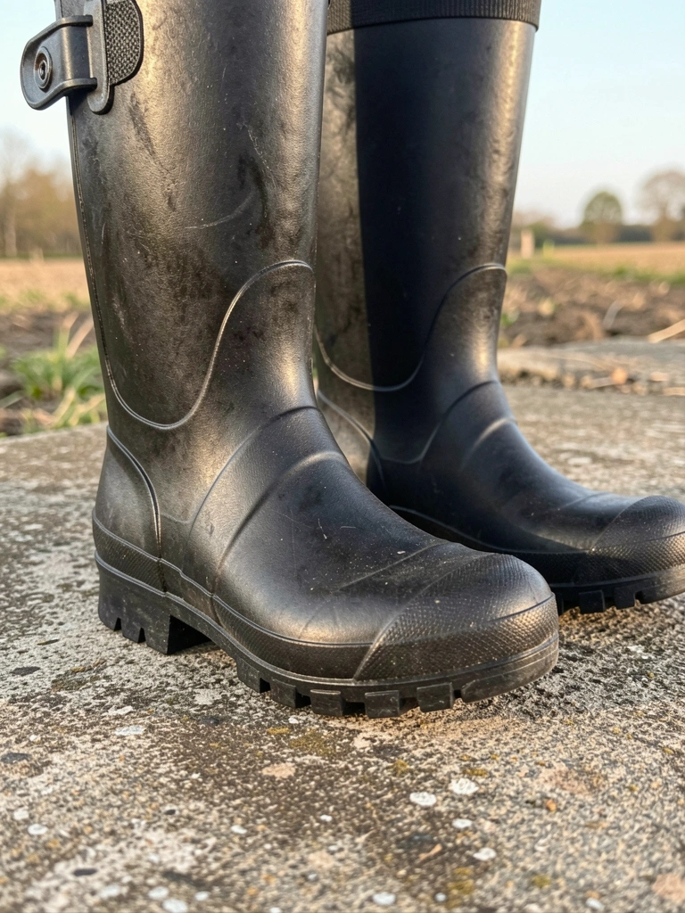 Close-up de duas botas de borracha pretas Vulcaflex sobre concreto, luz natural difusa destacando a textura e o sulco da sola.