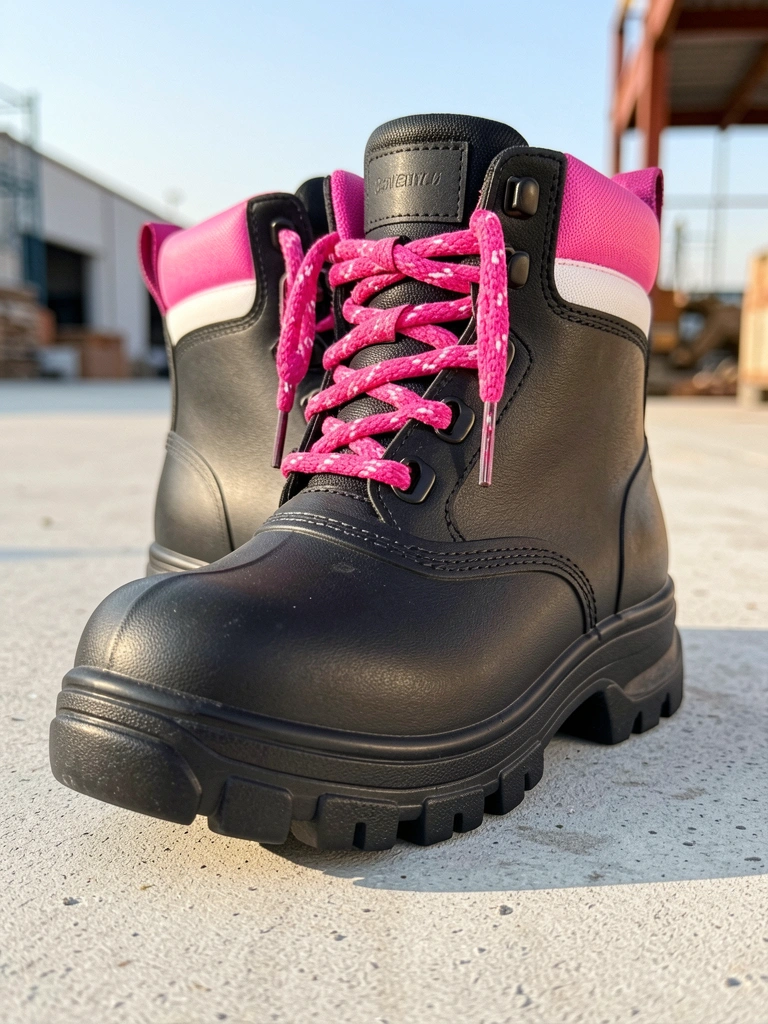 Bota preta Safety Flex com solado grosso e detalhes em rosa e branco sobre concreto cinza claro, luz natural.