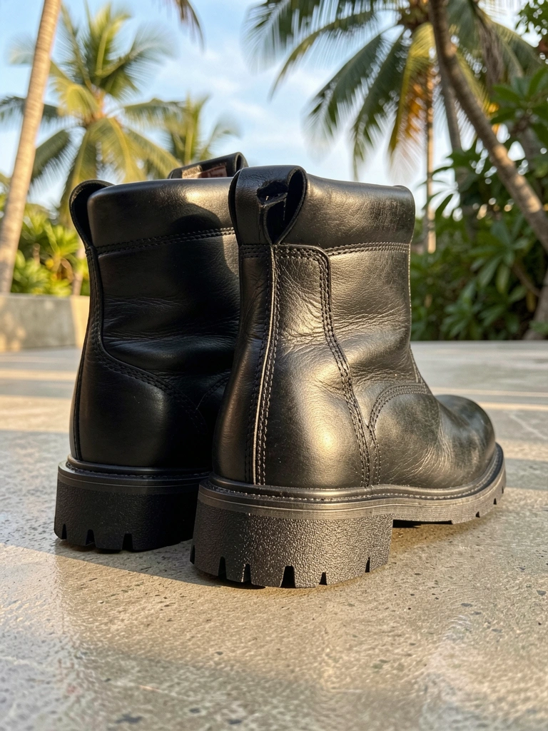 Botas de couro preto com sola texturizada e costura aparente, luz natural sobre piso de concreto.