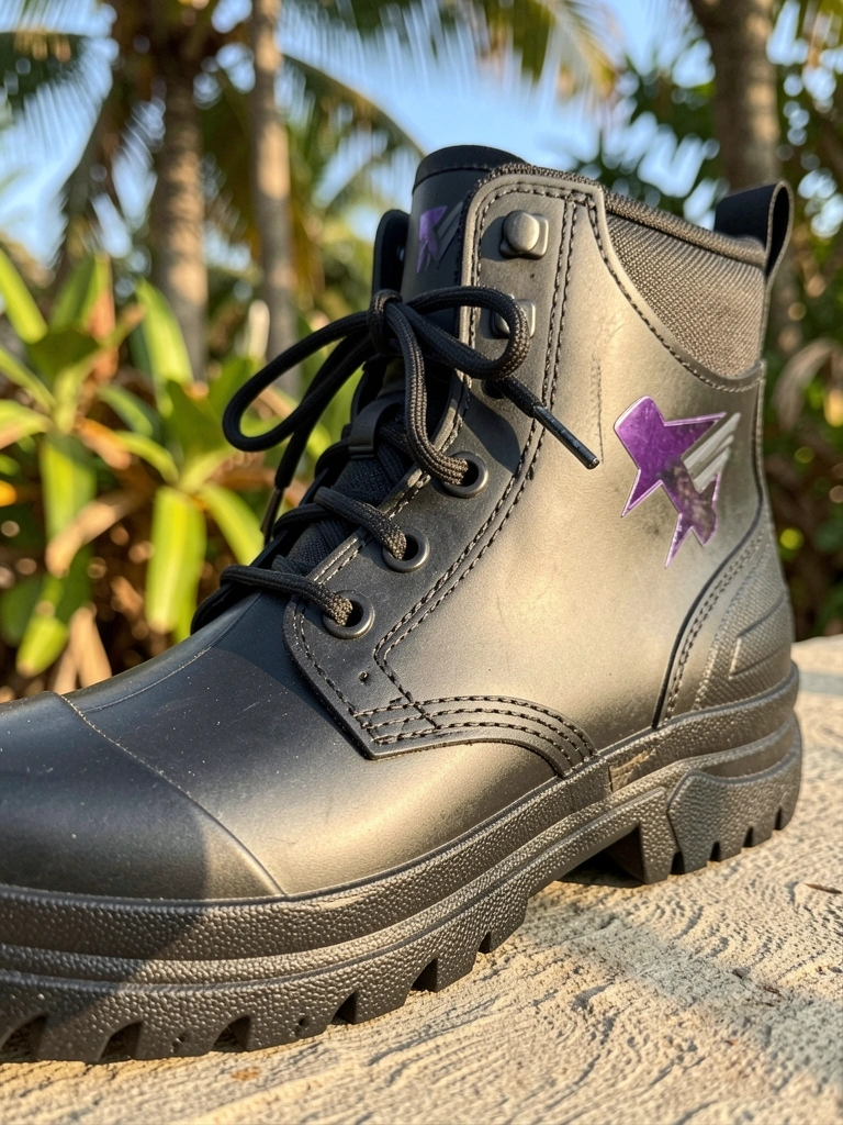 Detalhe de bota preta PVC com sola texturizada e costura reforçada, logotipo roxo refletivo, laço simples, luz natural tropical com folhagem desfocada ao fundo.